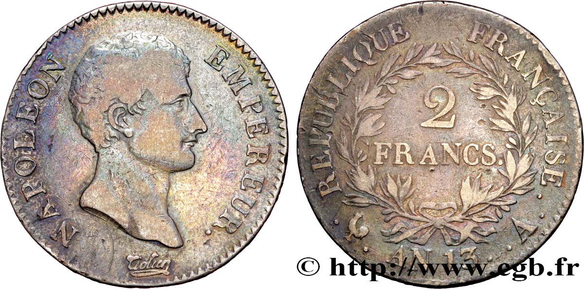 2 francs Napoléon Empereur, Calendrier révolutionnaire 1805 Paris F.251/12 TB30 