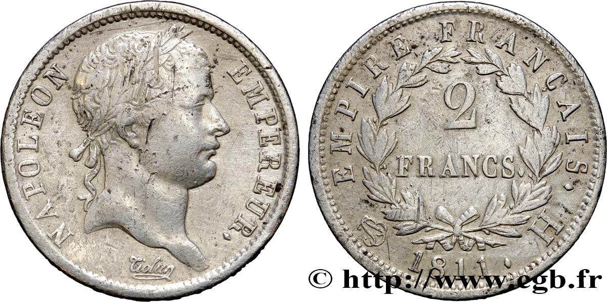2 francs Napoléon Ier tête laurée, Empire français 1811 La Rochelle F.255/28 S 
