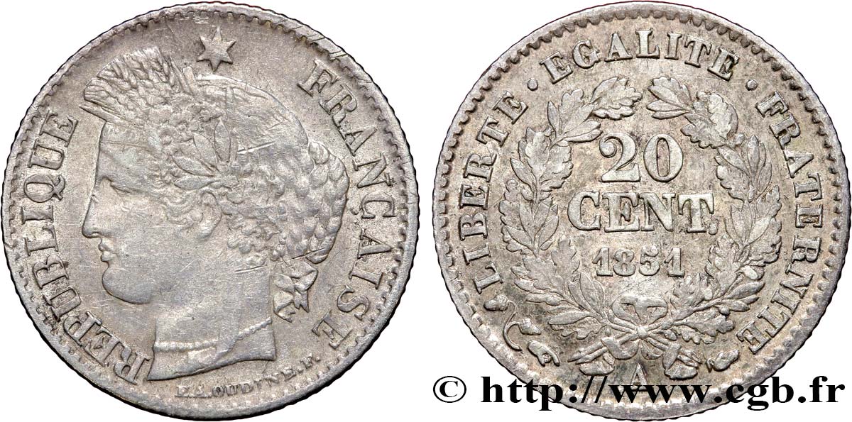 20 centimes Cérès, IIe République 1851 Paris F.146/7 TB30