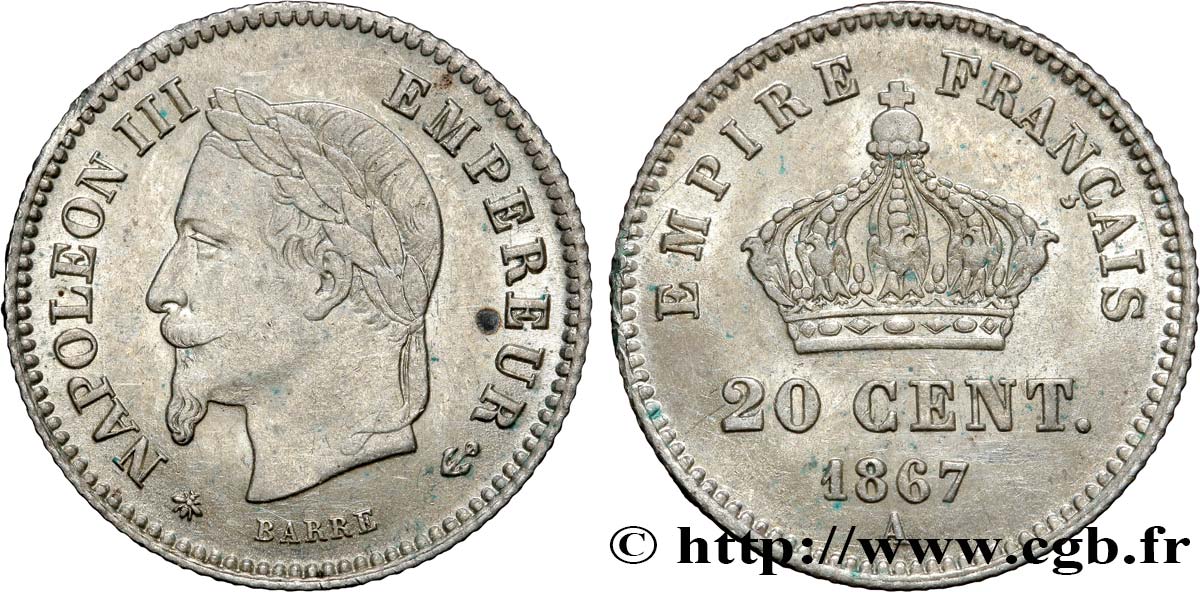 20 centimes Napoléon III, tête laurée, grand module 1867 Paris F.150/1 TTB48