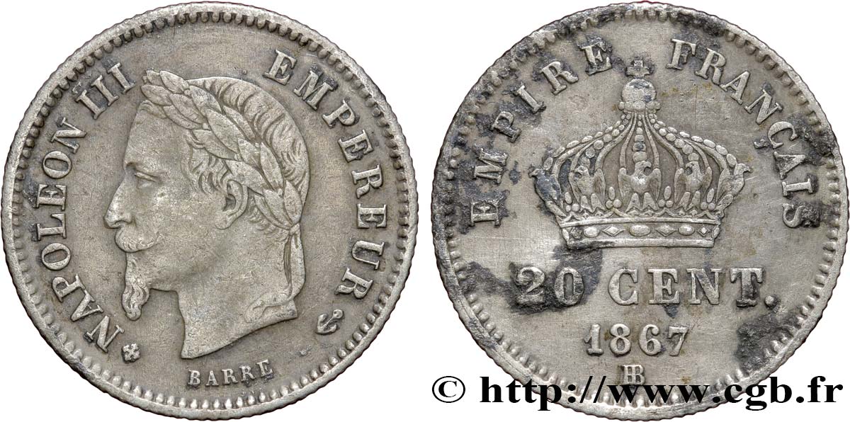 20 centimes Napoléon III, tête laurée, grand module 1867 Strasbourg F.150/2 BC30 