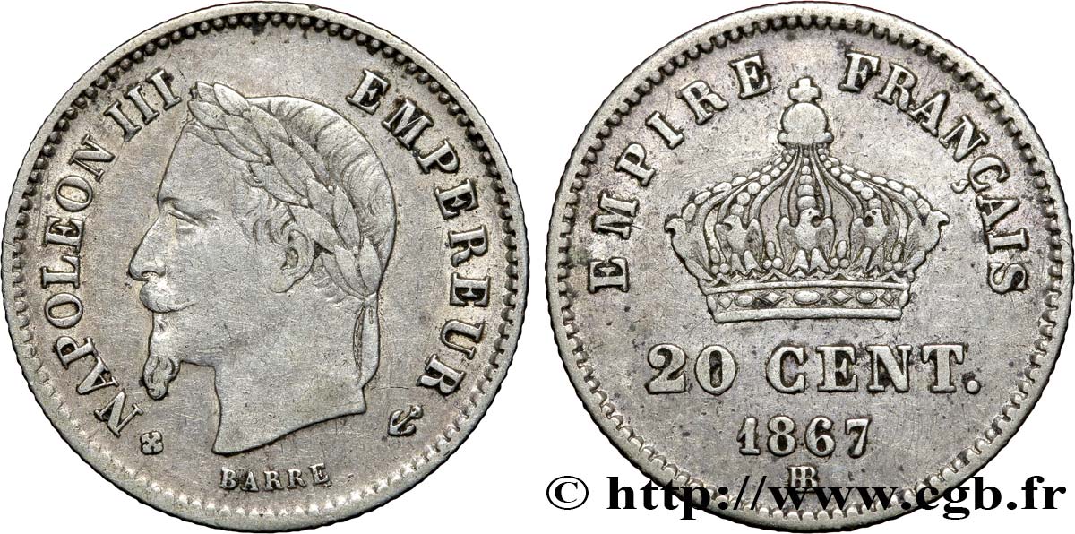 20 centimes Napoléon III, tête laurée, grand module 1867 Strasbourg F.150/2 VF30 