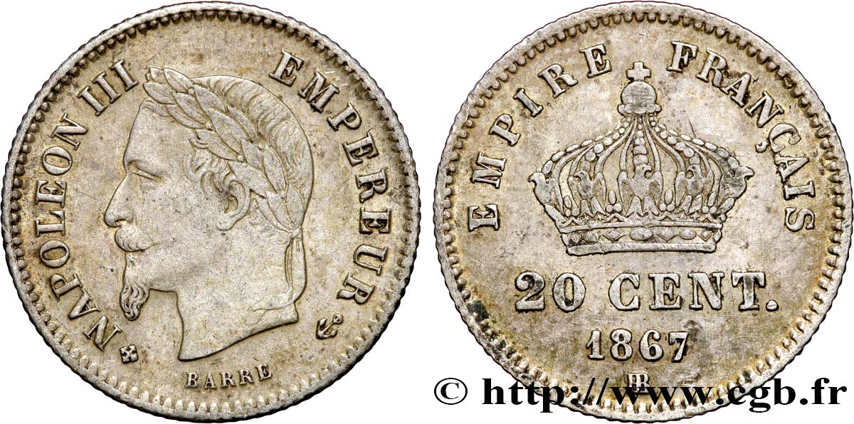 20 centimes Napoléon III, tête laurée, grand module 1867 Strasbourg F.150/2 SS40 
