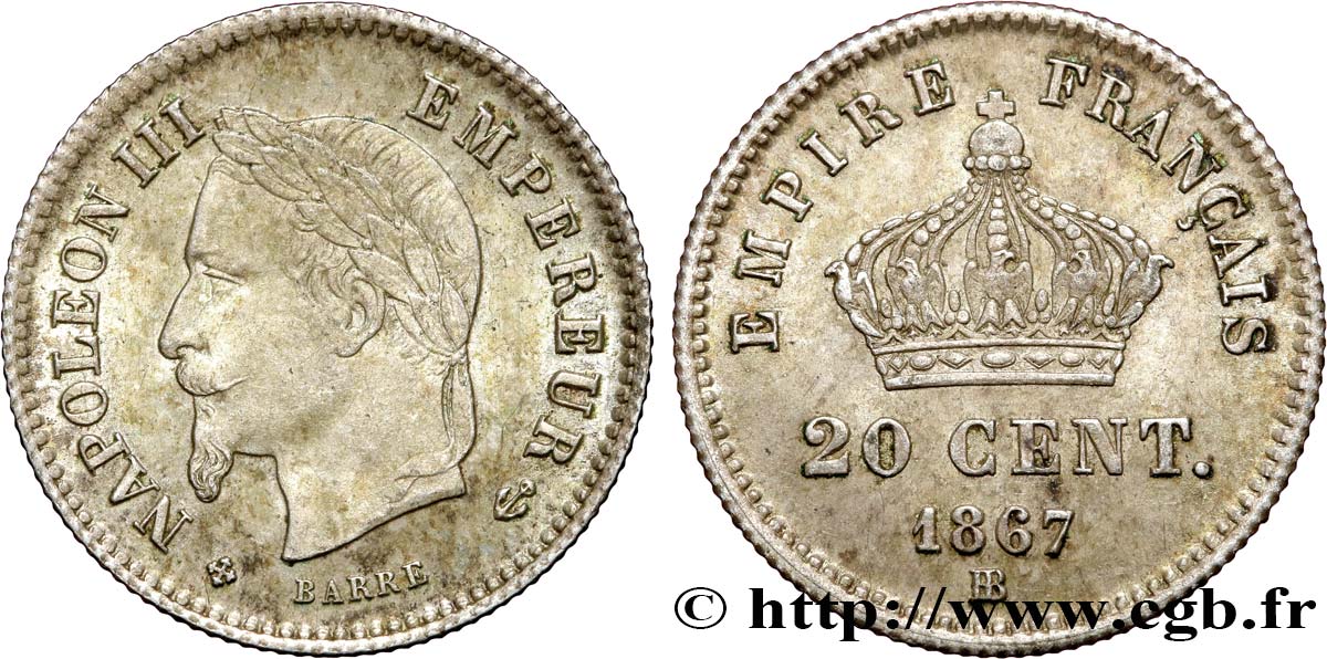 20 centimes Napoléon III, tête laurée, grand module 1867 Strasbourg F.150/2 AU55 