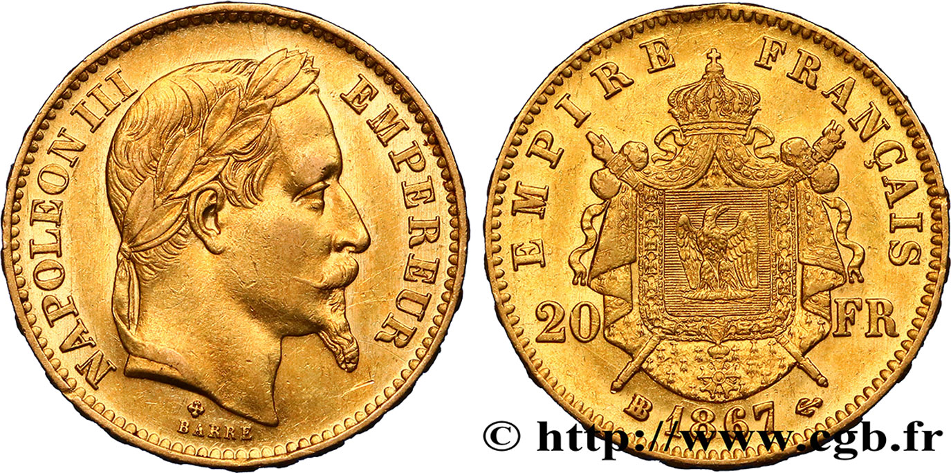 20 francs or Napoléon III, tête laurée 1867 Strasbourg F.532/16 EBC60 