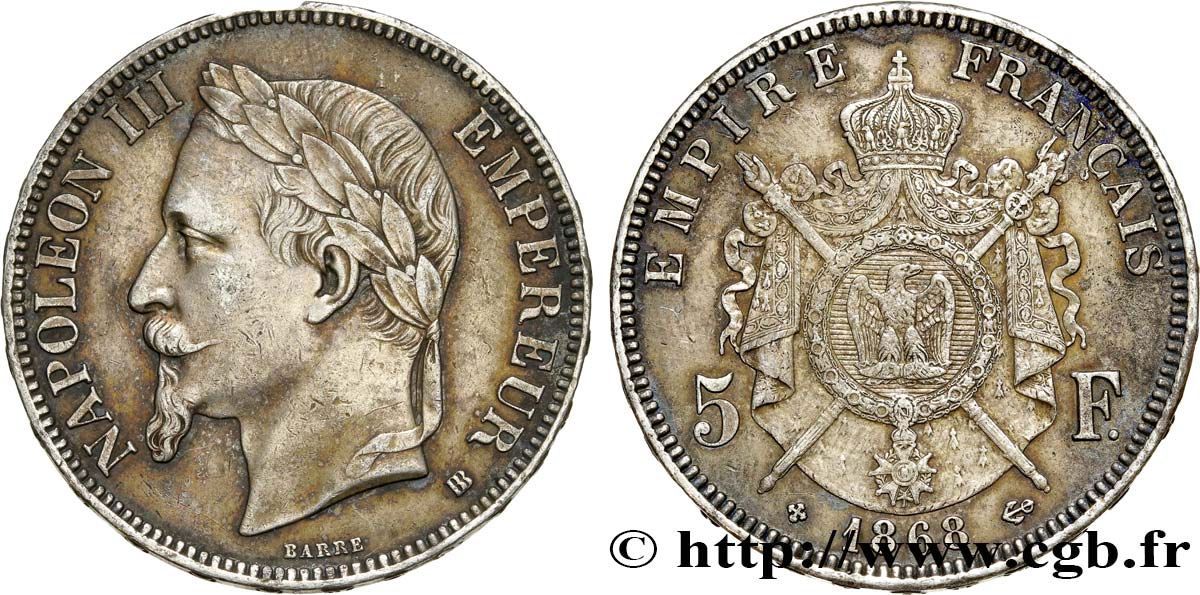 5 francs Napoléon III, tête laurée 1868 Strasbourg F.331/13 TTB52
