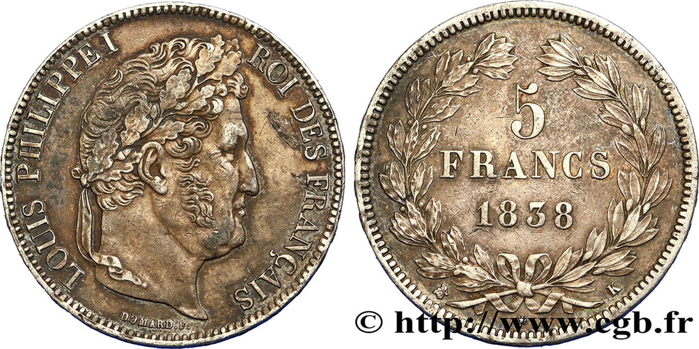 5 francs, IIe type Domard 1838 Bordeaux F.324/72 AU54 