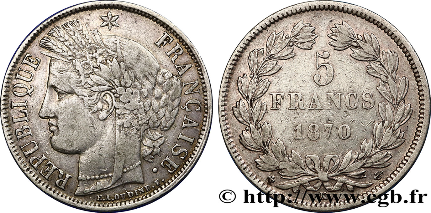 5 francs Cérès, sans légende 1870 Bordeaux F.332/2 TB35 