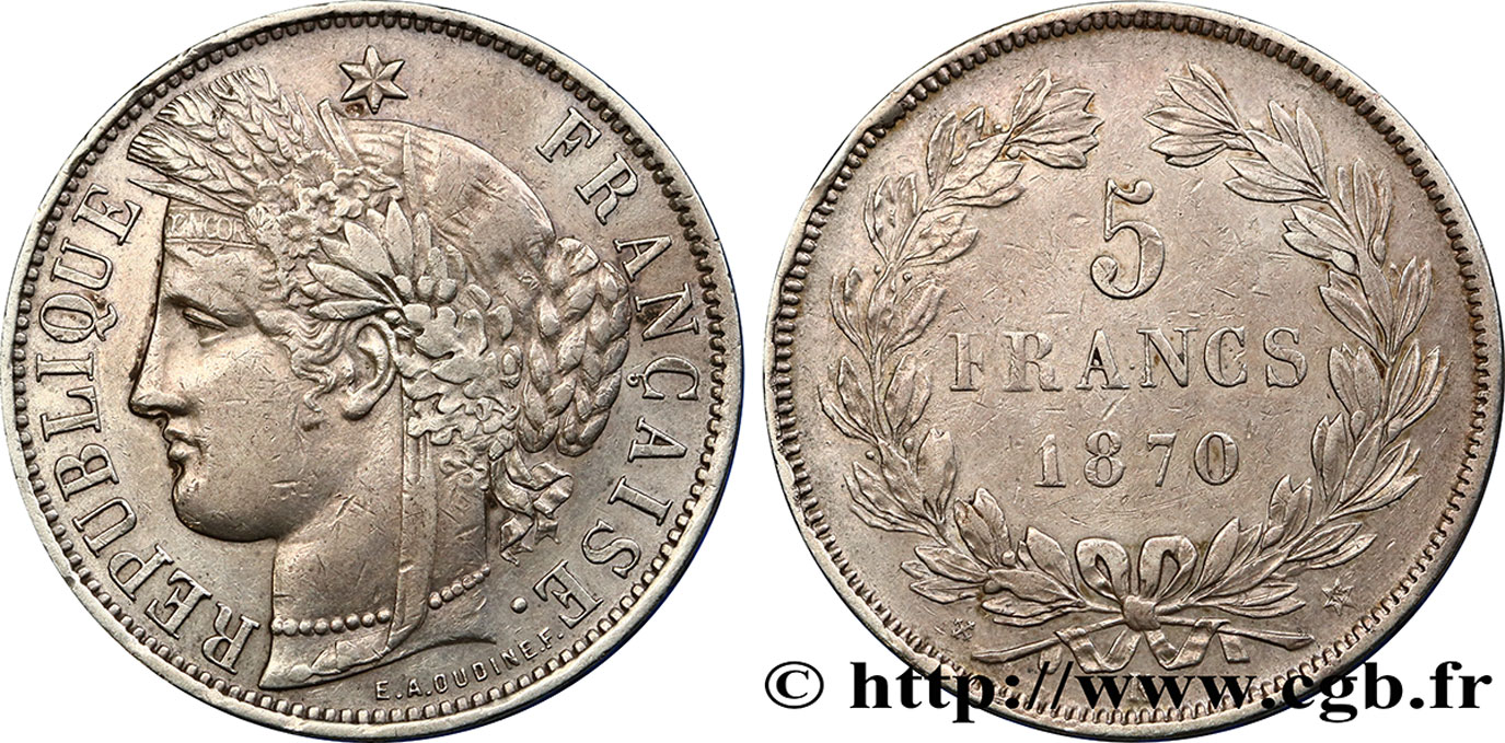 5 francs Cérès, sans légende 1870 Bordeaux F.332/3 TTB+ 