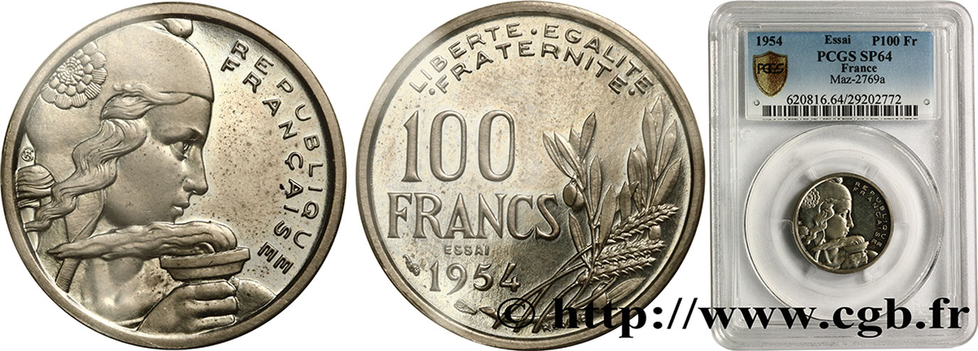 Essai-piéfort au double de 100 francs Cochet 1954  Maz.2769 a MS64 PCGS