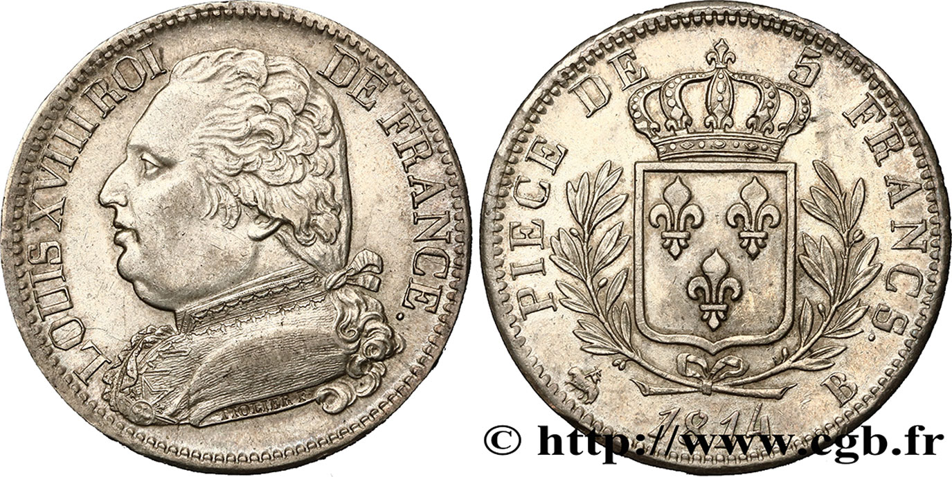 5 francs Louis XVIII, buste habillé 1814 Rouen F.308/2 MS60 