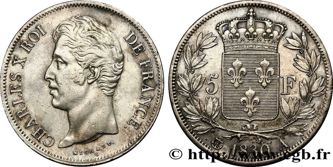 5 francs Charles X 2e type, tranche en relief 1830 Paris F.312/1 XF45 