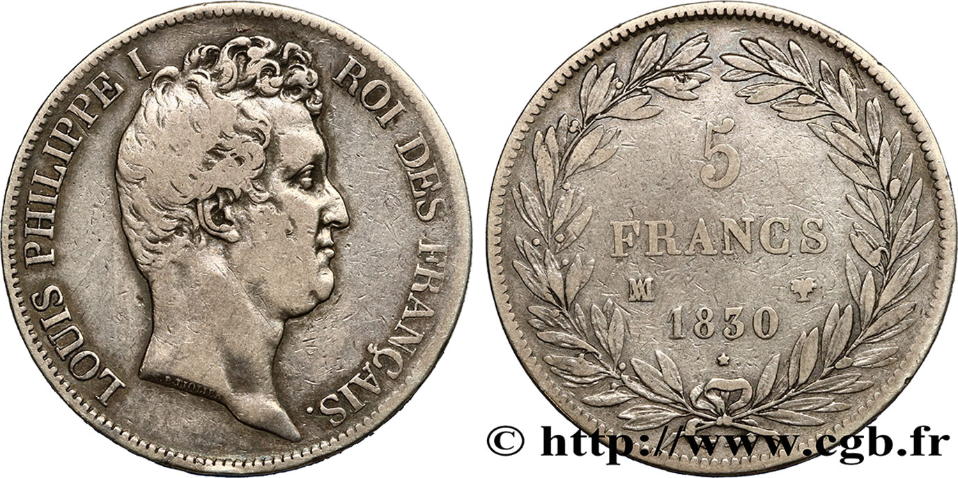 5 francs type Tiolier avec le I, tranche en creux 1830 Marseille F.315/10 VF35 