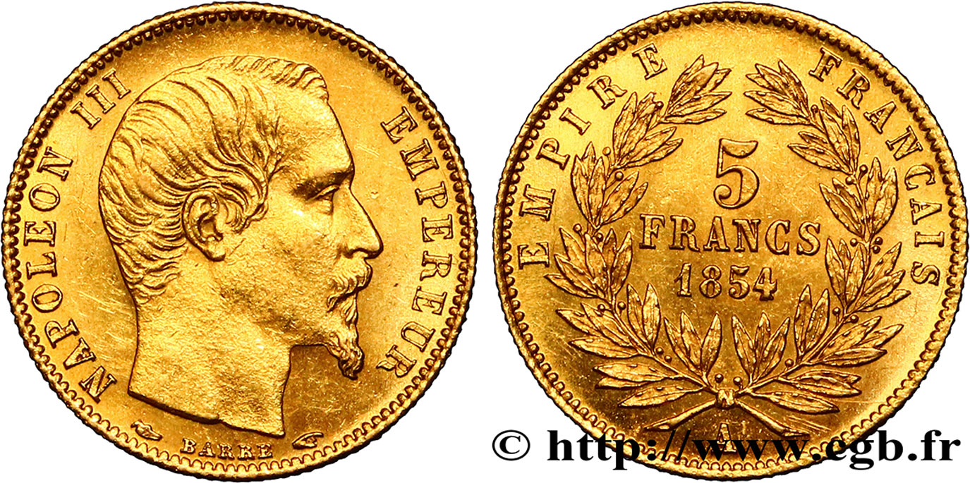 5 francs or Napoléon III, tête nue, petit module, tranche cannelée 1854 Paris F.500A/1 SUP60 