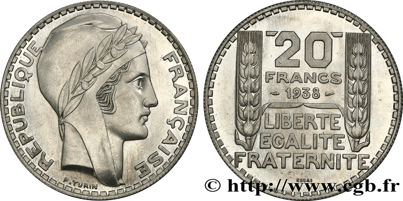 Préparation de la 20 francs Pétain, type Turin, essai en aluminium, tranche striée, 3,45 g 1938  GEM.200 6 MS65 