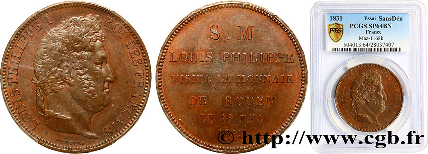 Monnaie de visite, module de 5 francs, pour Louis-Philippe à la Monnaie de Rouen 1831 Rouen VG.2825  MS64 PCGS