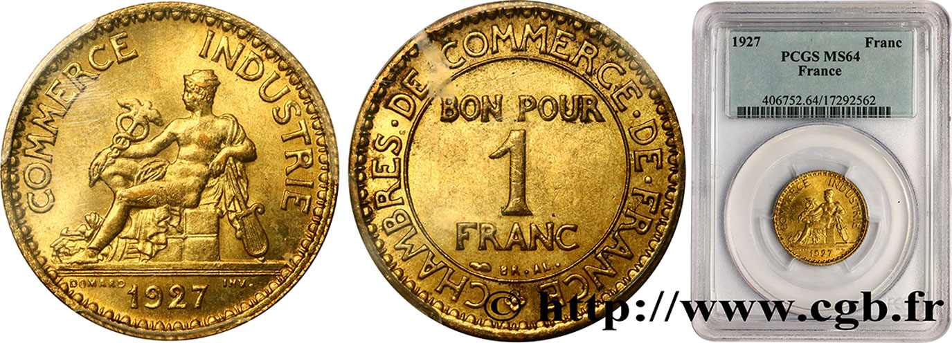 1 franc Chambres de Commerce 1927 Paris F.218/9 MS64 PCGS