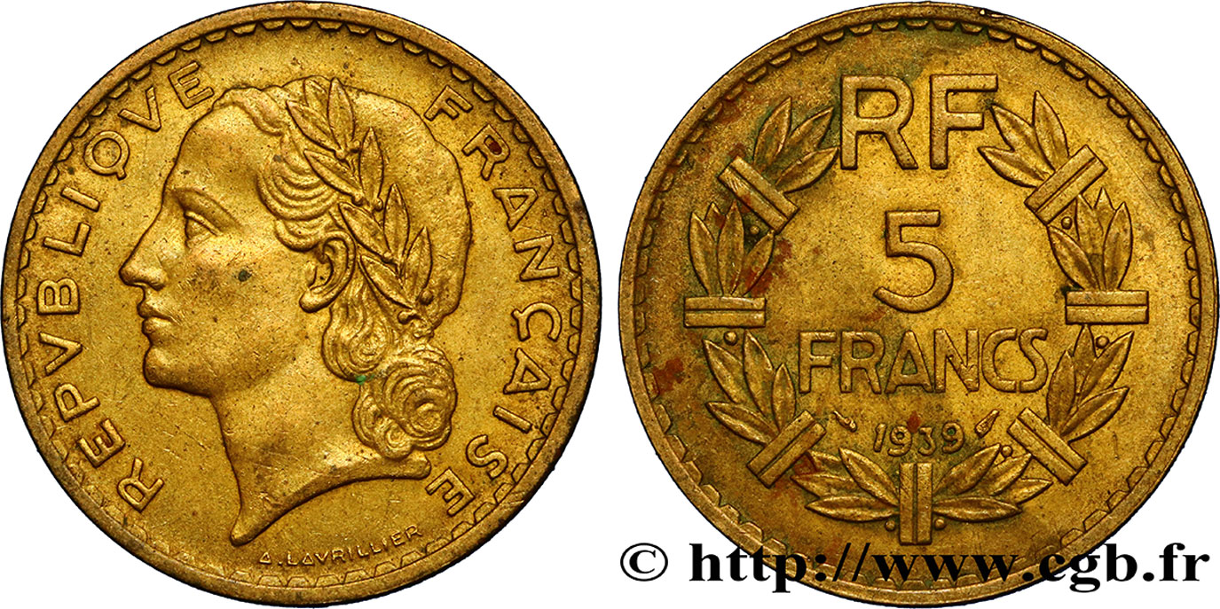5 francs Lavrillier, bronze-aluminium 1939 F.337/3 TTB45