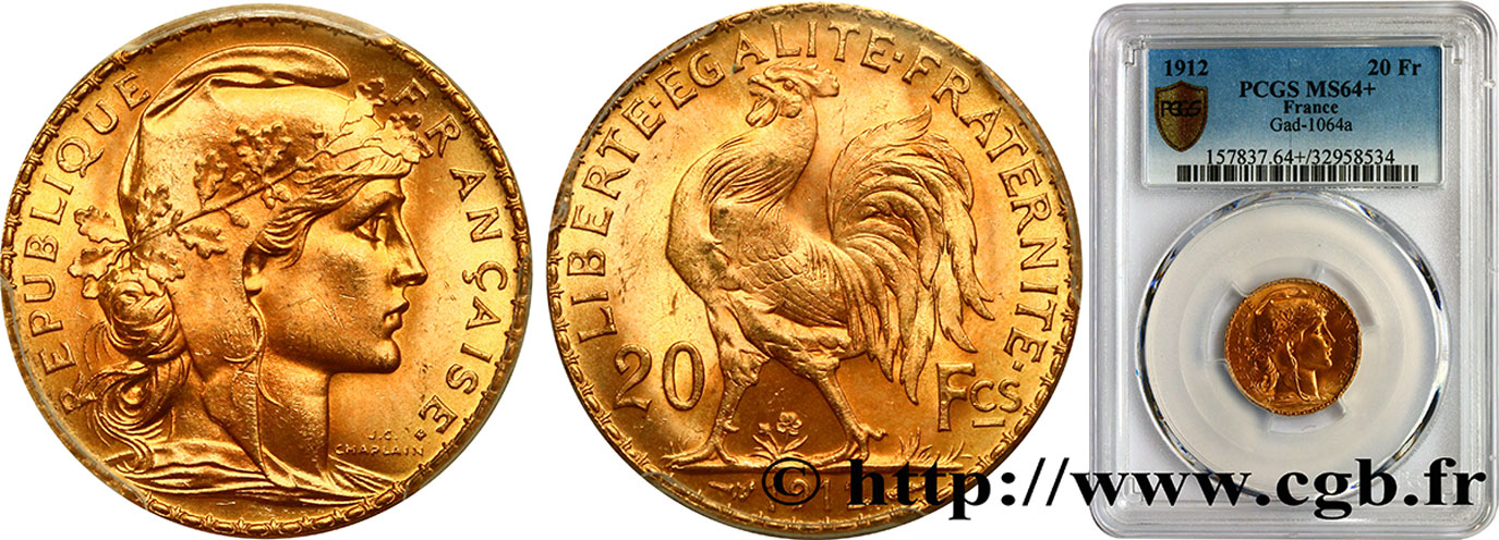 20 francs or Coq, Liberté Égalité Fraternité 1912 Paris F.535/6 MS64 PCGS