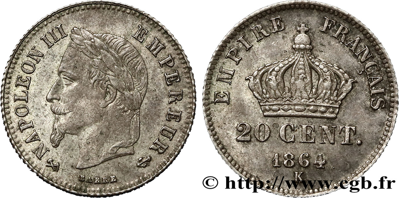 20 centimes Napoléon III, tête laurée, petit module 1864 Bordeaux F.149/3 AU50 