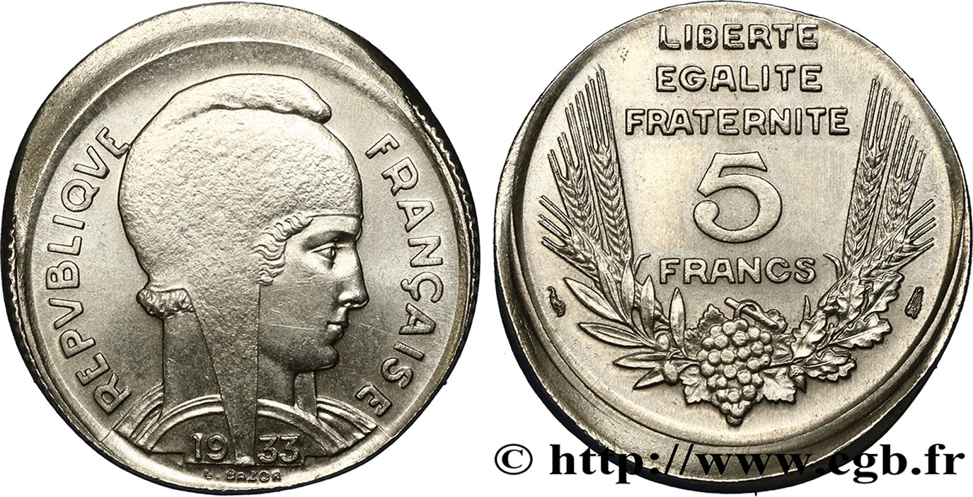 5 francs Bazor, Frappe Décentrée en Casquette 1933  F.335/2 SPL 