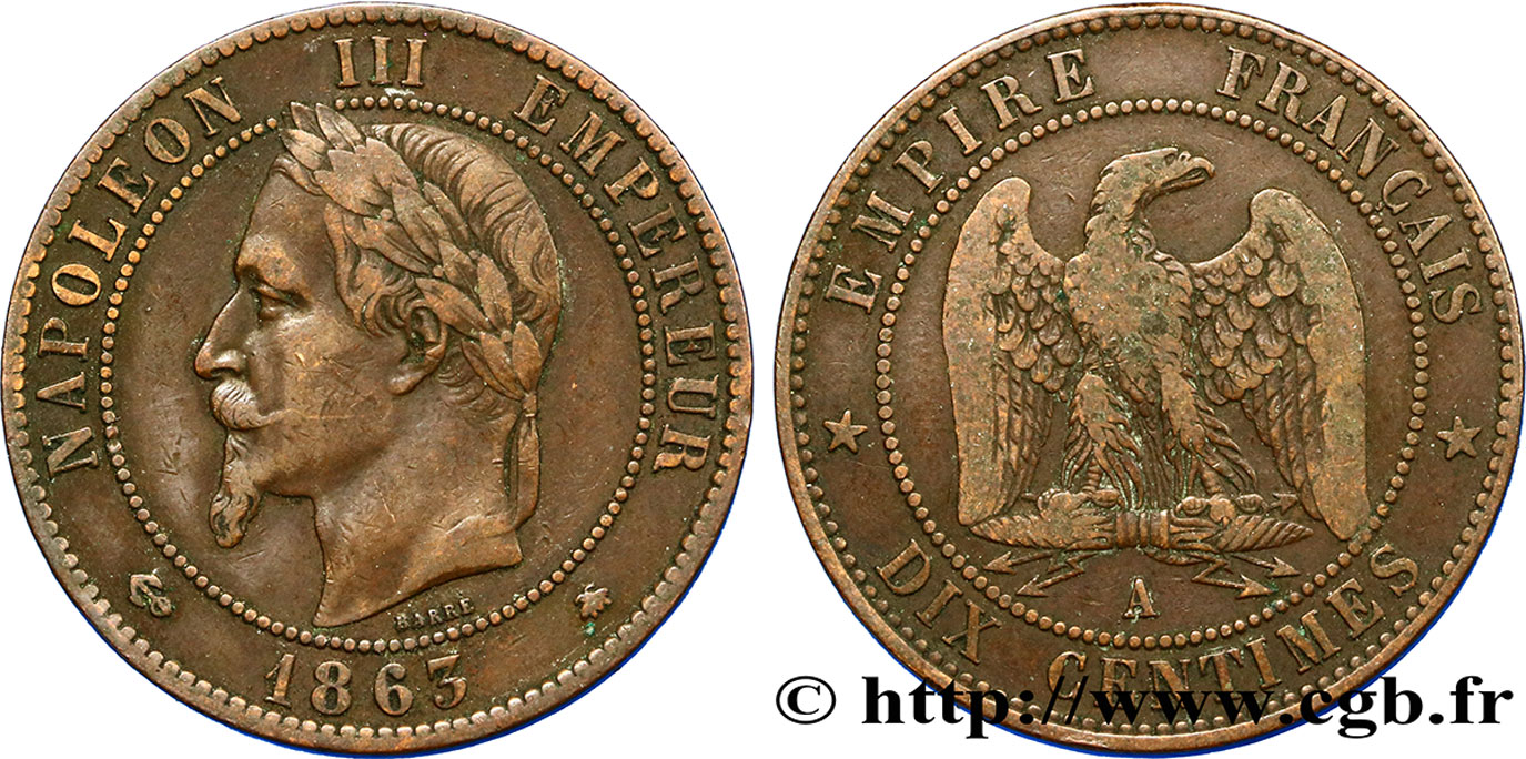 Dix centimes Napoléon III, tête laurée 1863 Paris F.134/10 TB35