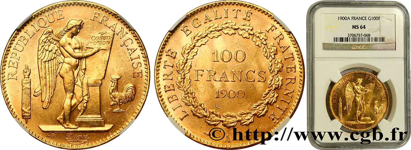 100 francs or Génie, tranche inscrite en relief Dieu protège la France 1900 Paris F.552/13 MS64 NGC