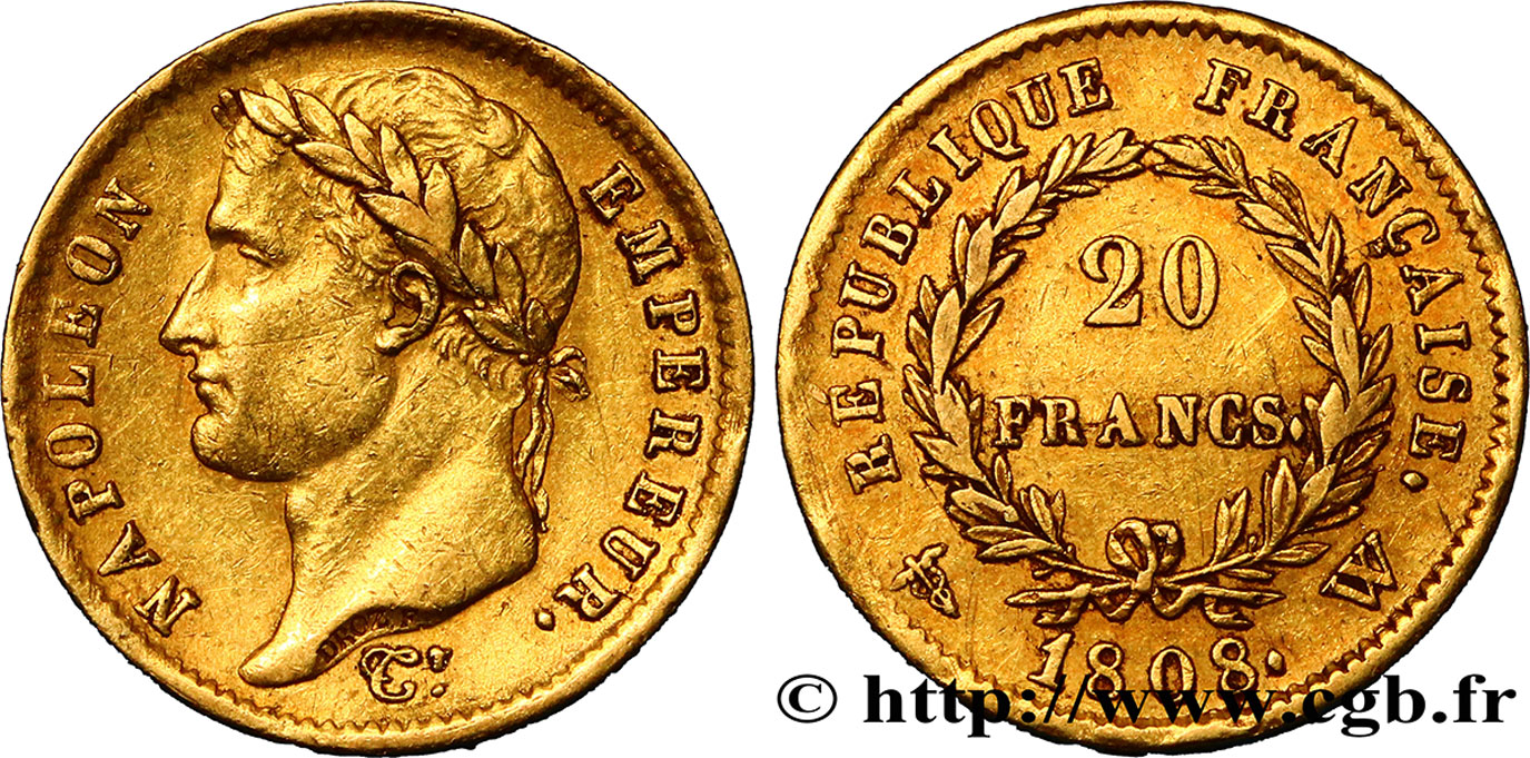 20 francs or Napoléon tête laurée, République française 1808 Lille F.515/8 TTB50 