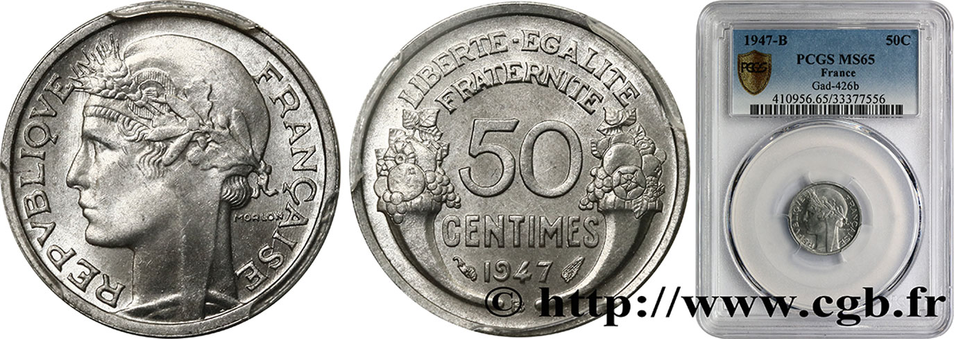 50 centimes Morlon, légère 1947 Beaumont-le-Roger F.194/11 MS65 PCGS