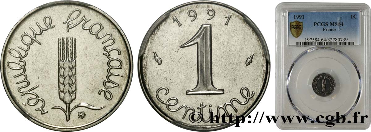 1 centime Épi, frappe monnaie 1991 Pessac F.106/48 SC64 PCGS