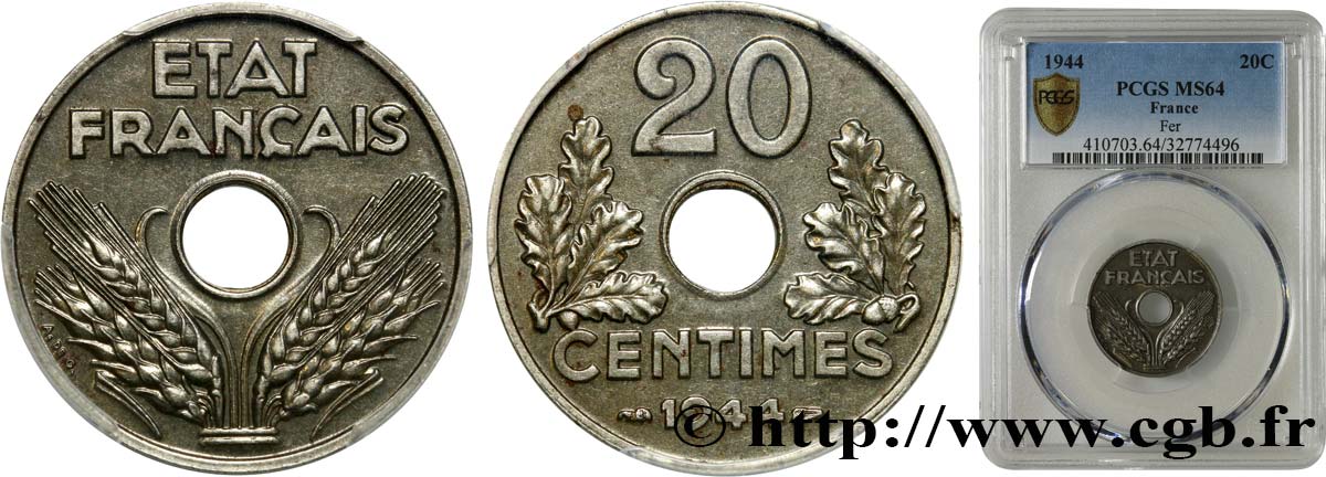 20 centimes fer 1944  F.154/3 SPL64 PCGS
