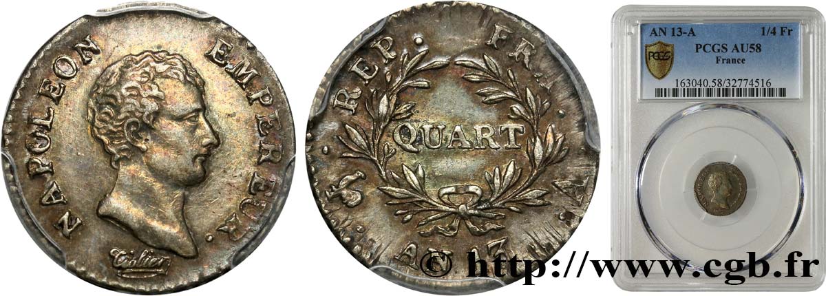 Quart (de franc) Napoléon Empereur, Calendrier révolutionnaire 1805 Paris F.158/8 VZ58 PCGS