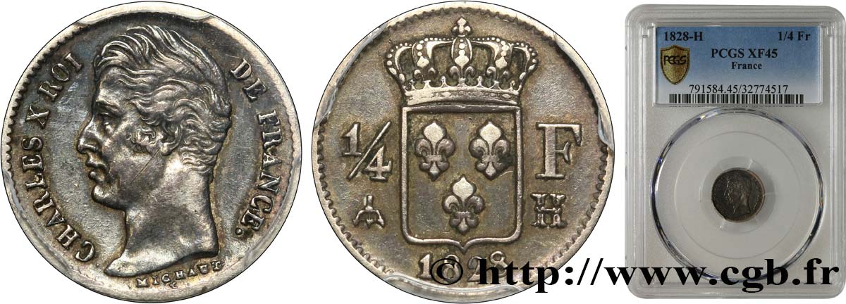 1/4 franc Charles X 1828 La Rochelle F.164/22 BB45 PCGS