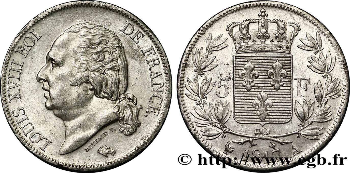 5 francs Louis XVIII, tête nue 1817 Paris F.309/14 EBC58 