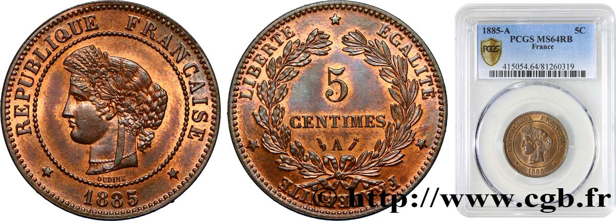 5 centimes Cérès 1885 Paris F.118/27 fST64 PCGS