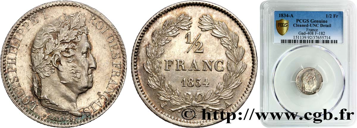 1/2 franc Louis-Philippe 1834 Paris F.182/40 VZ+ PCGS
