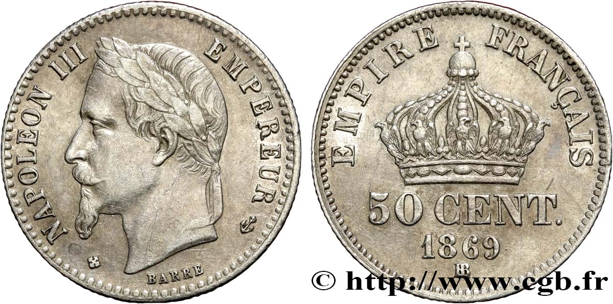 50 centimes Napoléon III, tête laurée 1869 Strasbourg F.188/23 var. AU50 