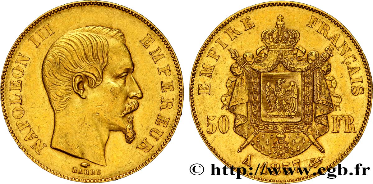 50 francs or Napoléon III, tête nue 1857 Paris F.547/4 XF45 