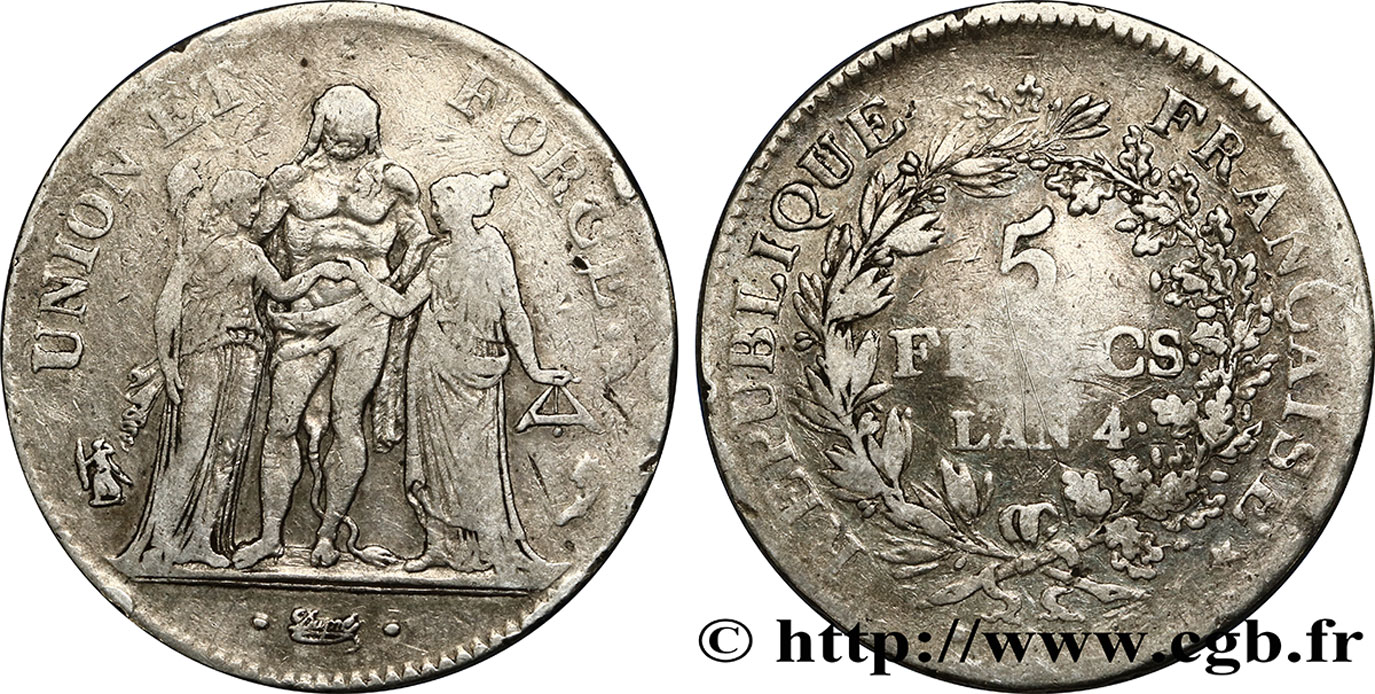 5 francs Union et Force, Union serré, avec glands intérieurs et gland extérieur 1796 Paris F.288/2 TB20