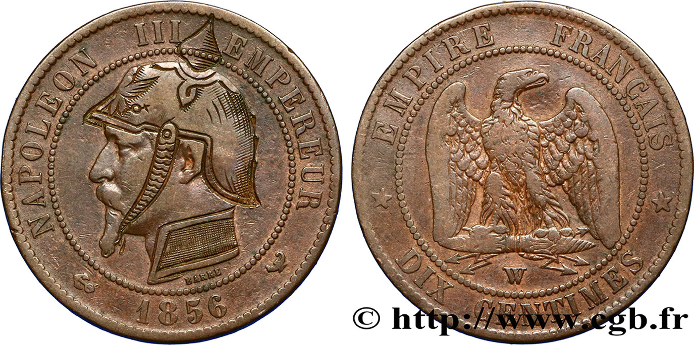 Dix centimes Napoléon III, tête nue, satirique 1856 Lille F.133/40 TTB40