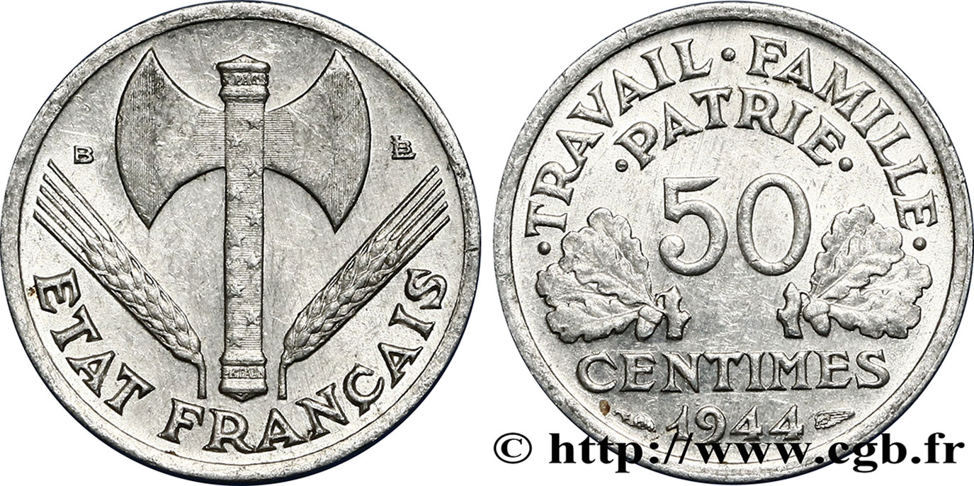 50 centimes Francisque, légère 1944 Beaumont-Le-Roger F.196/5 TTB52 