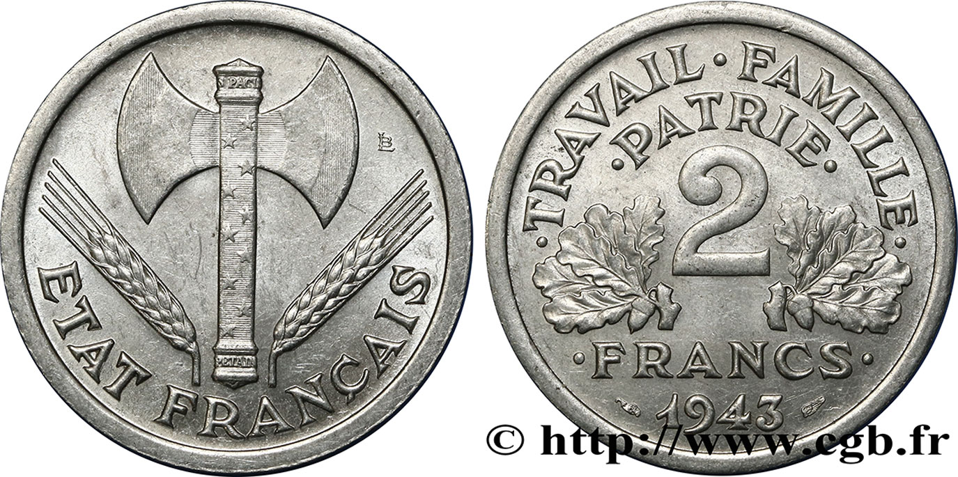 2 francs Francisque 1943  F.270/2 SUP58 