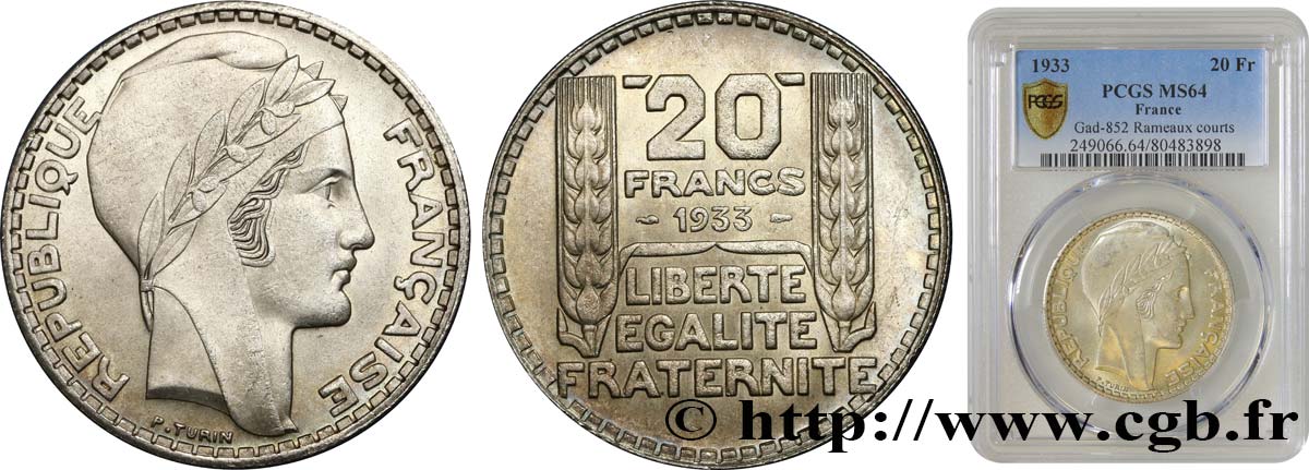 20 francs Turin, rameaux courts 1933  F.400/4 SPL64 PCGS