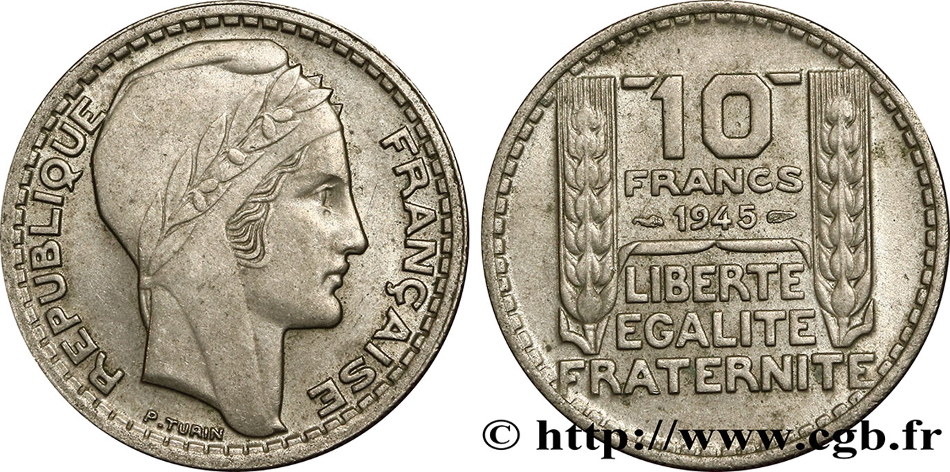 10 francs Turin, grosse tête, rameaux courts 1945  F.361A/1 TTB45 