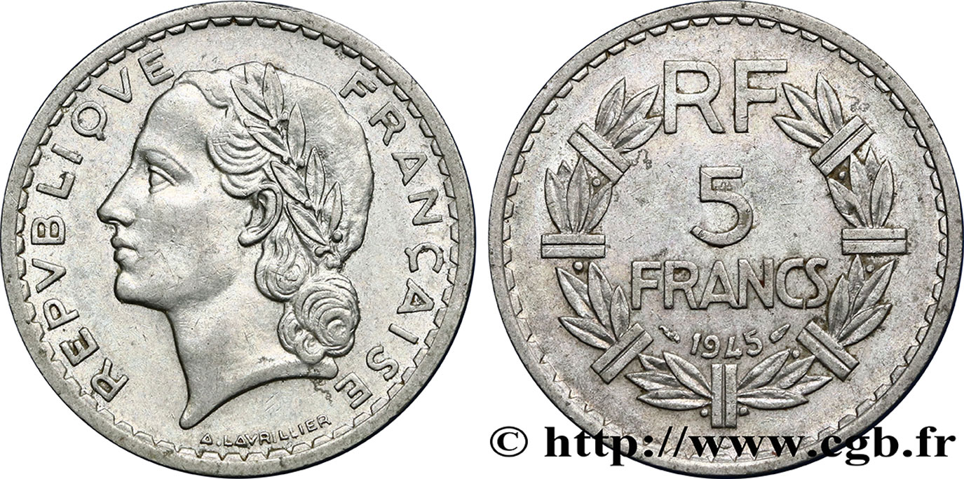 5 francs Lavrillier, aluminium 1945 Castelsarrasin F.339/5 VF30 