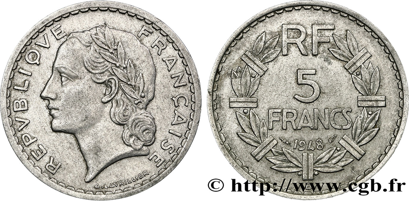 5 francs Lavrillier, aluminium 1948 Beaumont-Le-Roger F.339/15 TB35