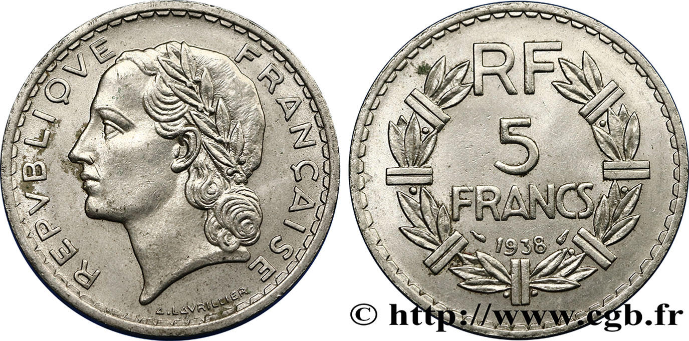 5 francs Lavrillier, nickel 1938  F.336/7 MBC52 