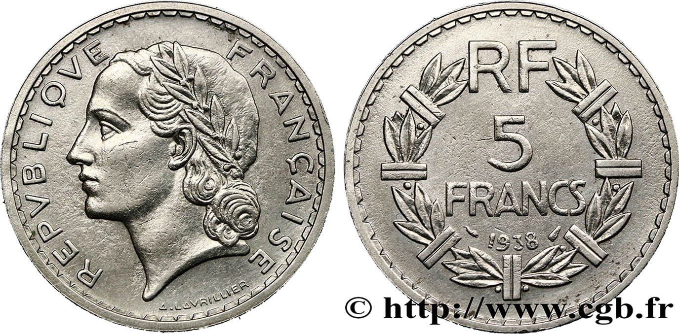 5 francs Lavrillier, nickel 1938  F.336/7 SS52 