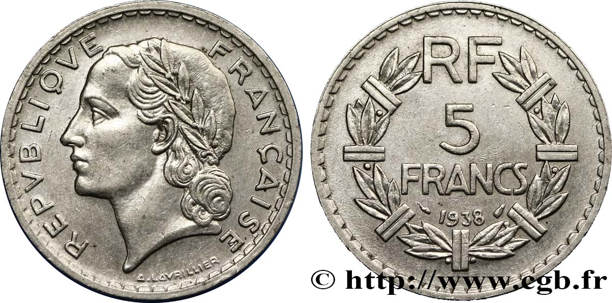 5 francs Lavrillier, nickel 1938  F.336/7 AU52 
