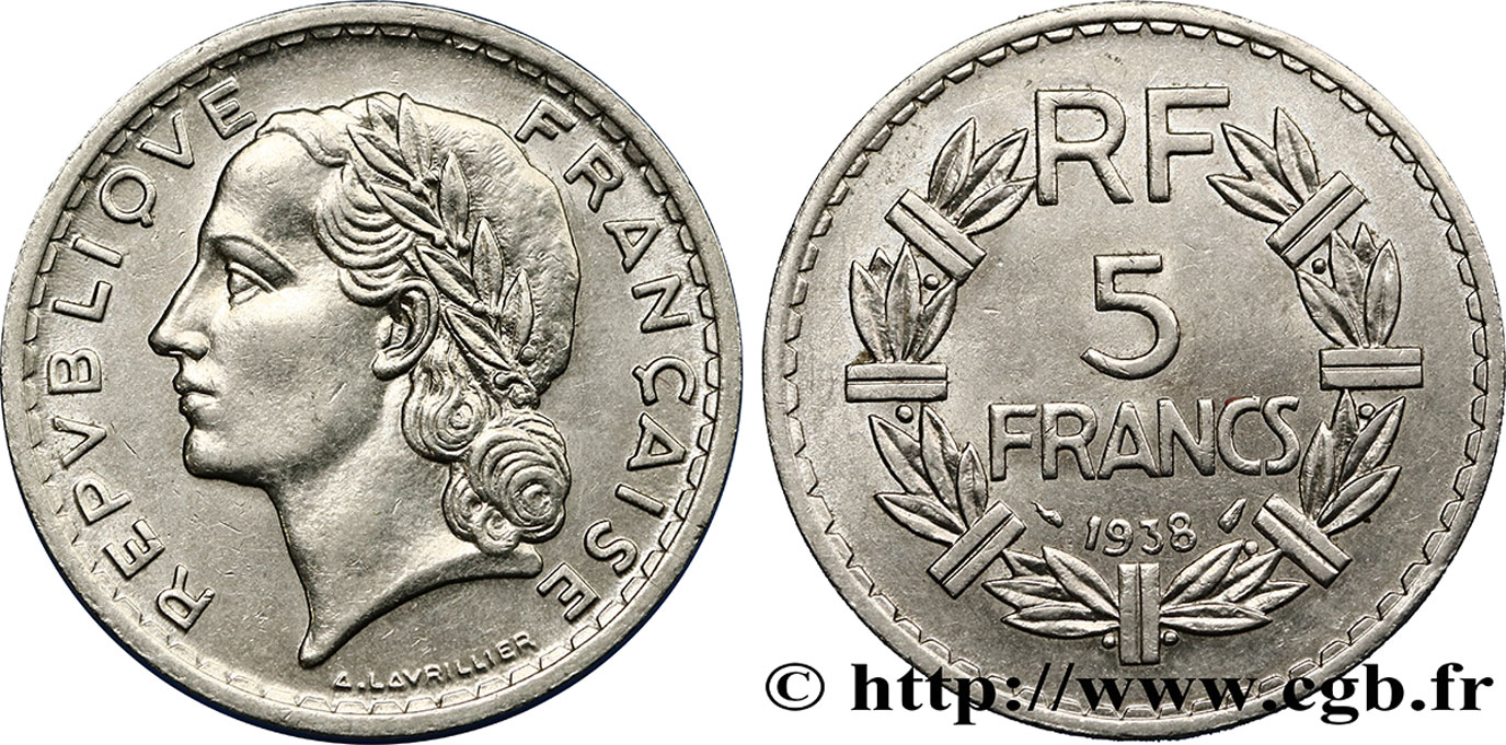 5 francs Lavrillier, nickel 1938  F.336/7 TTB52 